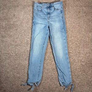 American Eagle Jeggings Crop‎ Highest Rise Light Wash Tie Ankle Jeans 4